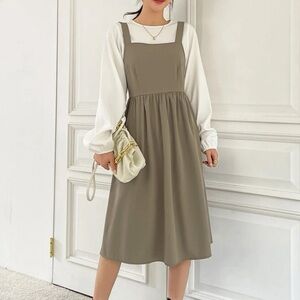 Tan Midi Dress w/ White Blouse